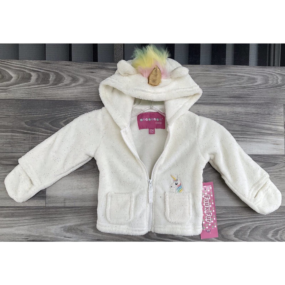 Wippette Kids Faux Fur Girls Zip Up Unicorn Sparkly Jacket Size 12 Months/white.